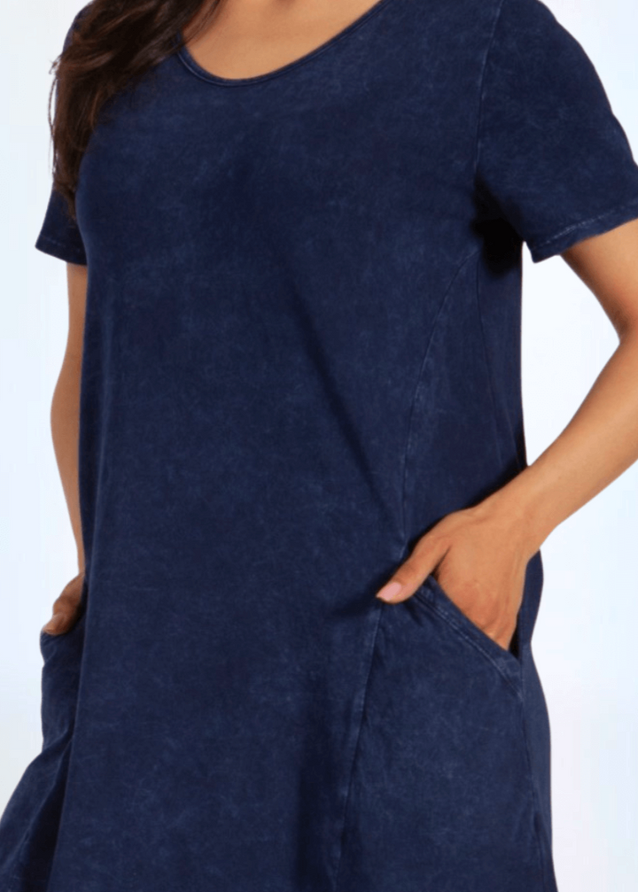 Made in USA Ladies Mineral Washed Casual Cotton V-Neck Short Sleeve Above the Knee Length Dress with Pockets | Style# C60596 | Classy Cozy Cool Women's Made in America Boutique