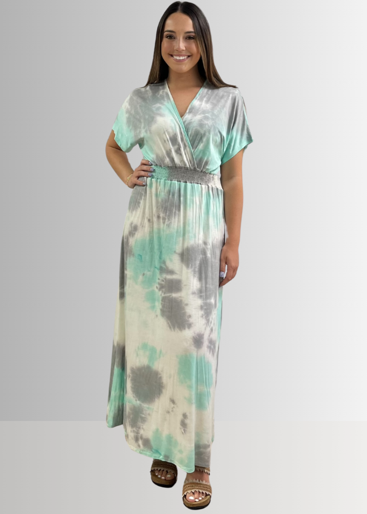 Made in USA Women's Mint Tie Dye Surplice V-Neck Maxi Dress with Kimono Short Sleeves and Smocked Waist, 96% Rayon 4% Spandex | Classy Cozy Cool Made in America Boutique