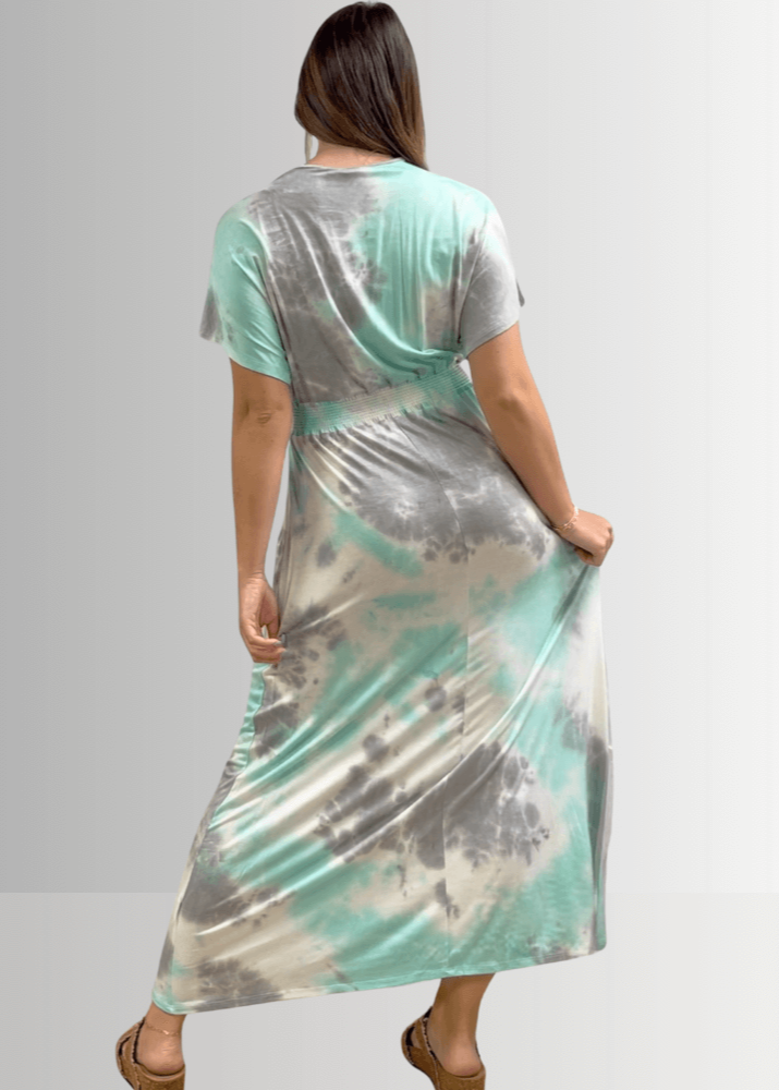 Made in USA Women's Mint Tie Dye Surplice V-Neck Maxi Dress with Kimono Short Sleeves and Smocked Waist, 96% Rayon 4% Spandex | Classy Cozy Cool Made in America Boutique