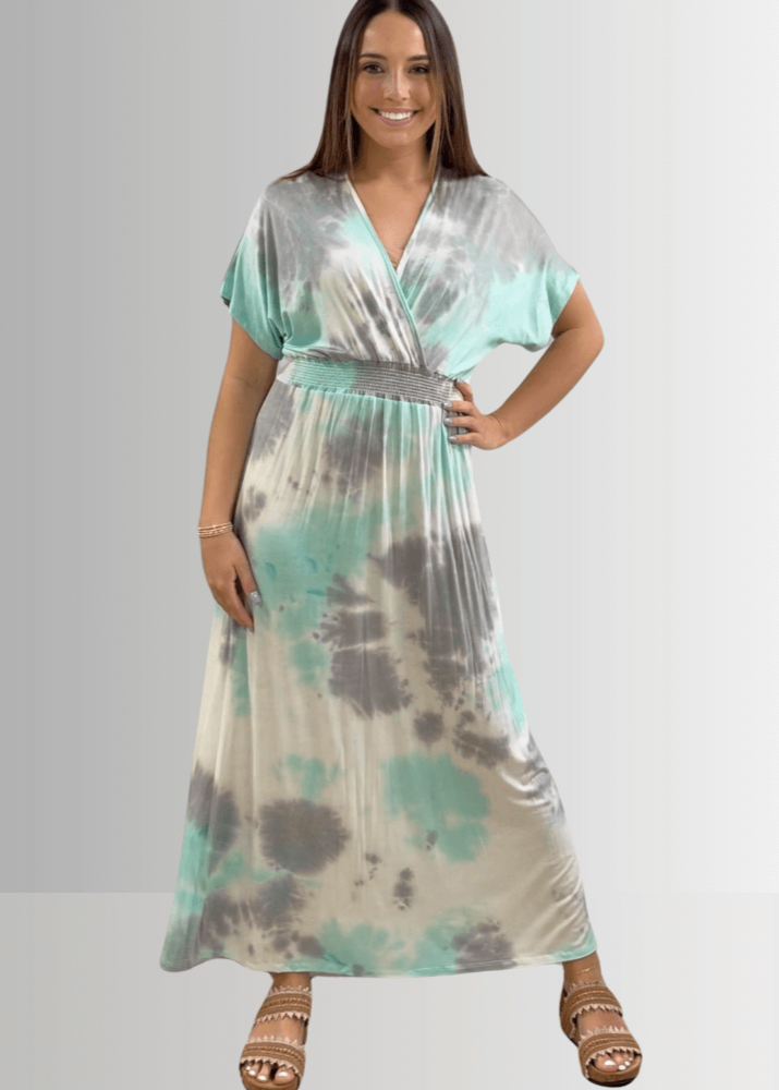 Made in USA Women's Mint Tie Dye Surplice V-Neck Maxi Dress with Kimono Short Sleeves and Smocked Waist, 96% Rayon 4% Spandex | Classy Cozy Cool Made in America Boutique