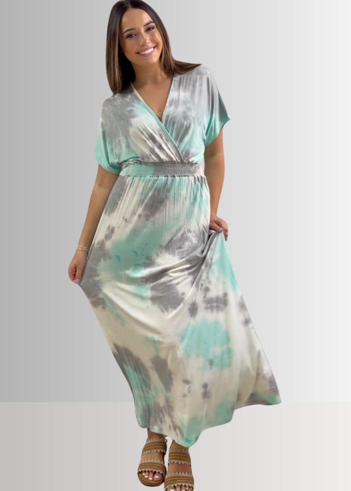 Made in USA Women's Mint Tie Dye Surplice V-Neck Maxi Dress with Kimono Short Sleeves and Smocked Waist, 96% Rayon 4% Spandex | Classy Cozy Cool Made in America Boutique