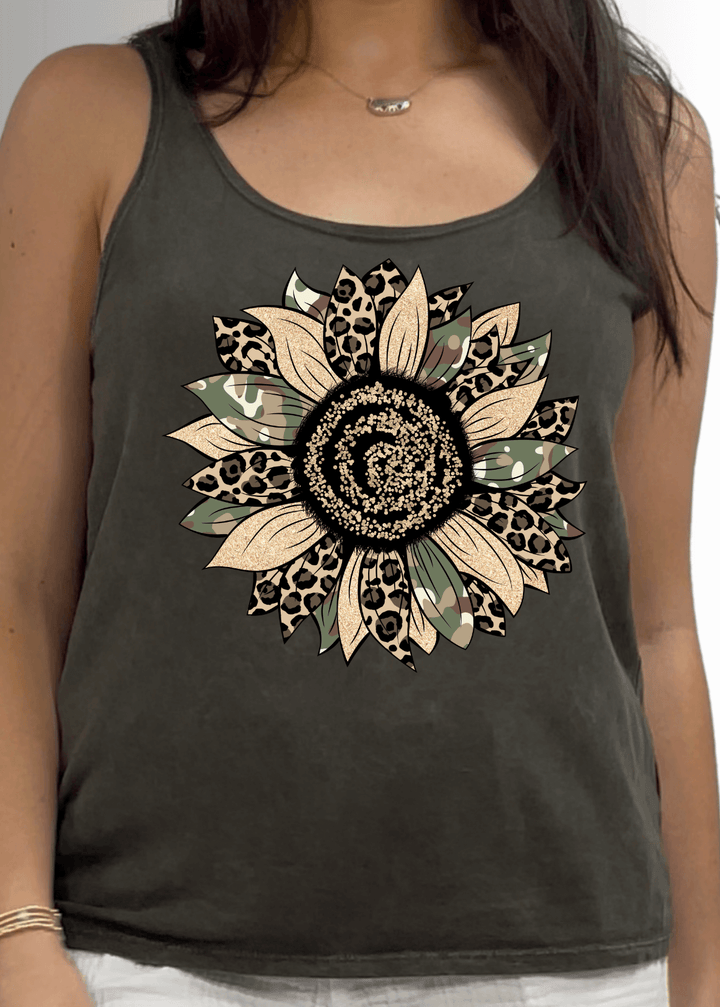 Made in USA Women's Mixed Media Camo Leopard Print Sunflower Graphic on Sustainable Durable Premium America-made Cotton Tank Top, Mineral Washed Vintage Look | Classy Cozy Cool Made in USA Boutique