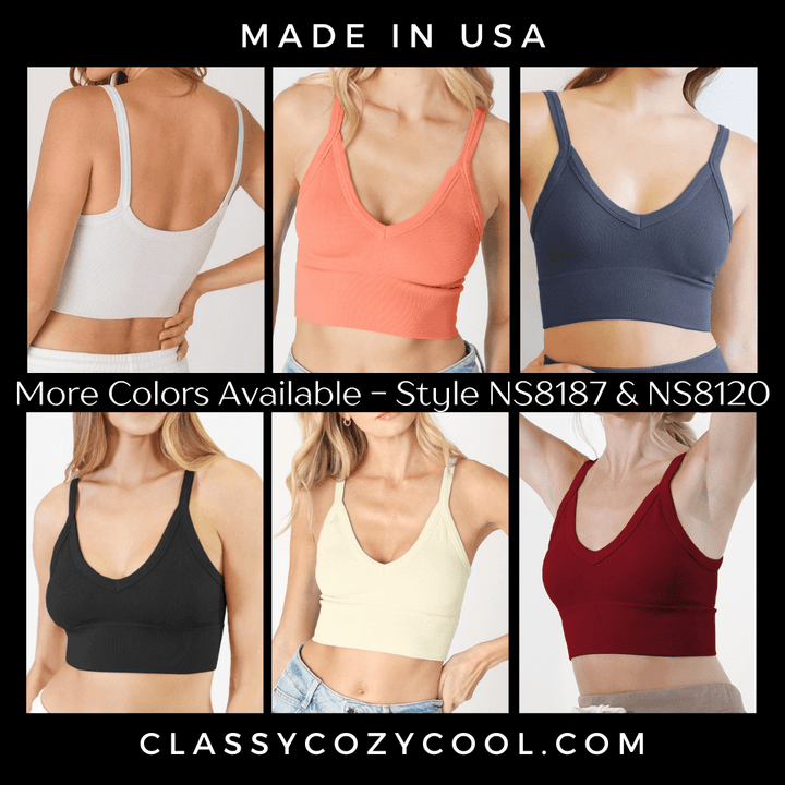 Niki Biki Ladies Fitted Vintage V-Neck Ribbed Bra Top Style NS8120  in 10 Color Options | Made in USA | Classy Cozy Cool Women's Made in America Boutique