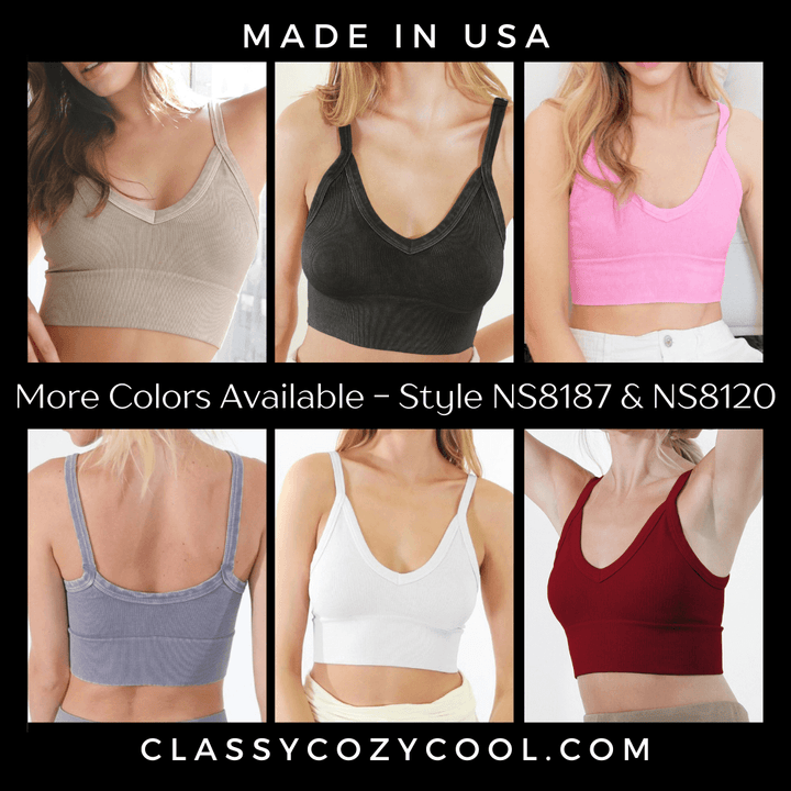 Niki Biki Ladies Fitted Vintage V-Neck Ribbed Bra Top Style NS8187  in 10 Color Options | Made in USA | Classy Cozy Cool Women's Made in America Boutique
