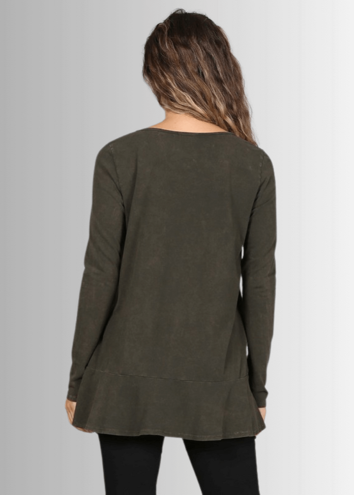 USA Made Ladies High Low Hem Casual Long Sleeve Cotton Tee in Mineral Washed Dark Moss Green | Classy Cozy Cool Women's Made in America Boutique