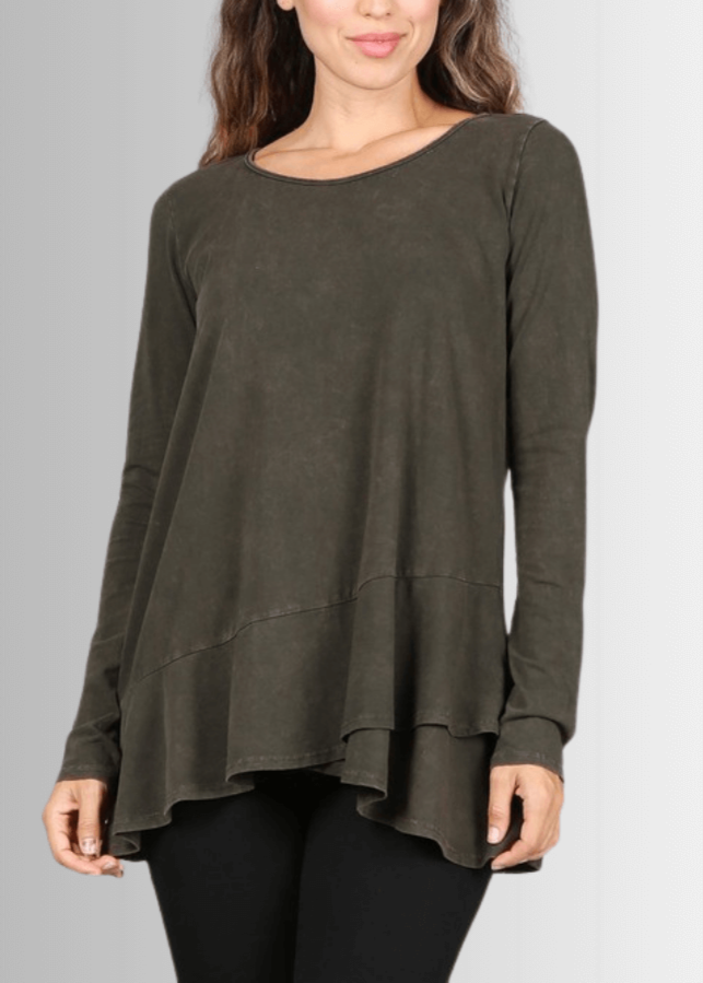 USA Made Ladies High Low Hem Casual Long Sleeve Cotton Tee in Mineral Washed Dark Moss Green | Classy Cozy Cool Women's Made in America Boutique