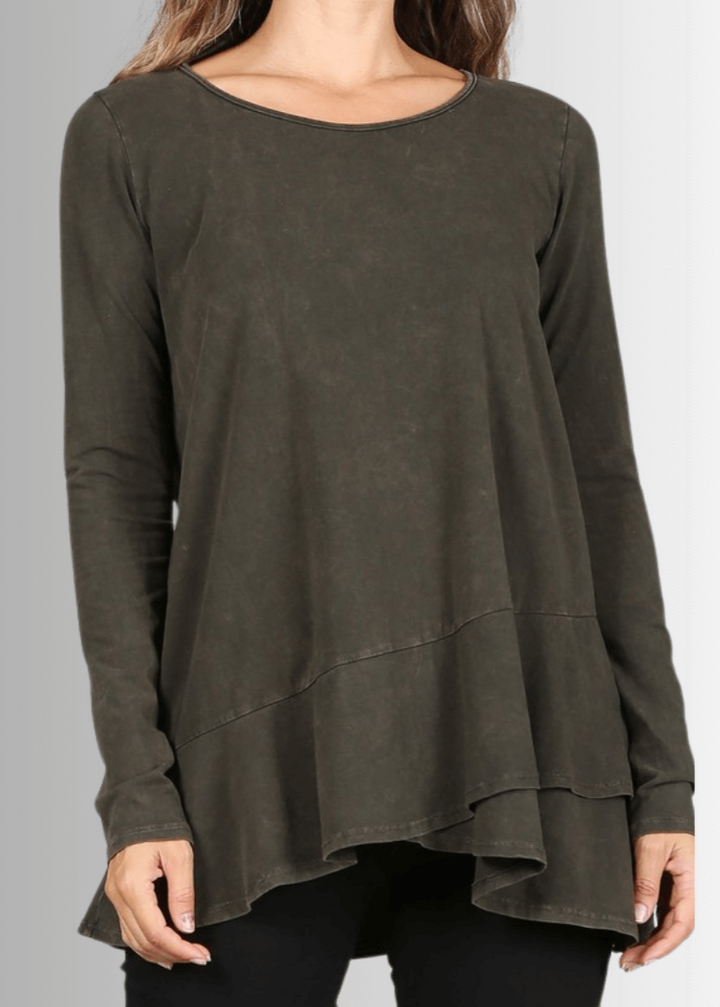 USA Made Ladies High Low Hem Casual Long Sleeve Cotton Tee in Mineral Washed Dark Moss Green | Classy Cozy Cool Women's Made in America Boutique