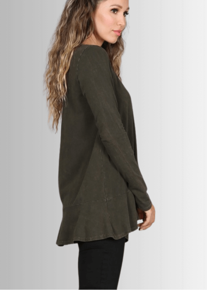 USA Made Ladies High Low Hem Casual Long Sleeve Cotton Tee in Mineral Washed Dark Moss Green | Classy Cozy Cool Women's Made in America Boutique