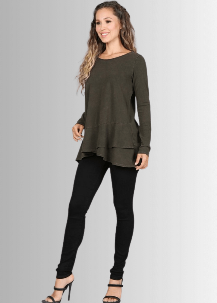 USA Made Ladies High Low Hem Casual Long Sleeve Cotton Tee in Mineral Washed Dark Moss Green | Classy Cozy Cool Women's Made in America Boutique