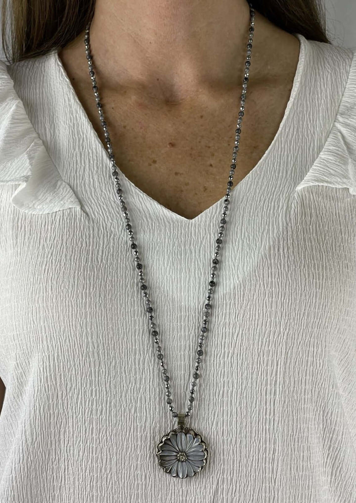 USA Made Mother of Pearl Daisy Pendant Charm Necklace Wear Long or Short | Fashion Jewelry Handmade in Texas by Carol Su | Made in America Boutique