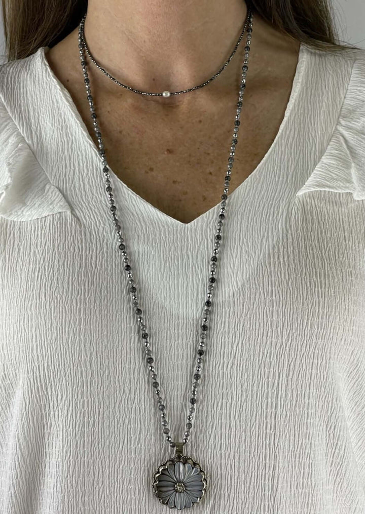 USA Made Mother of Pearl Daisy Pendant Charm Necklace Wear Long or Short | Fashion Jewelry Handmade in Texas by Carol Su | Made in America Boutique