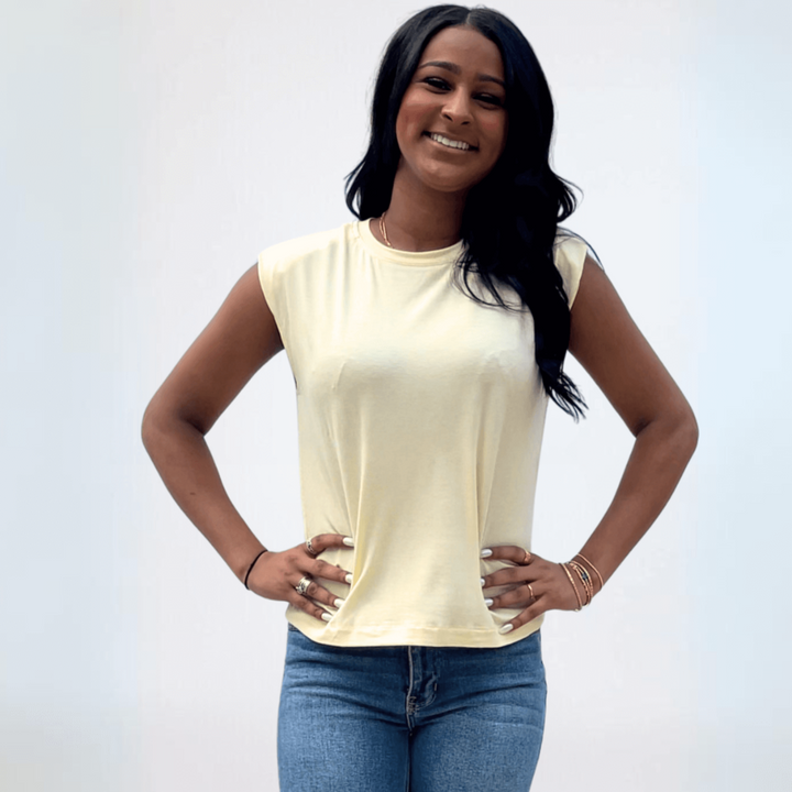 USA Made Women's Super-Soft Muscle Tee by If She Loves Style IST1328 in Light Yellow | Classy Cozy Cool Made in America Clothing Boutique