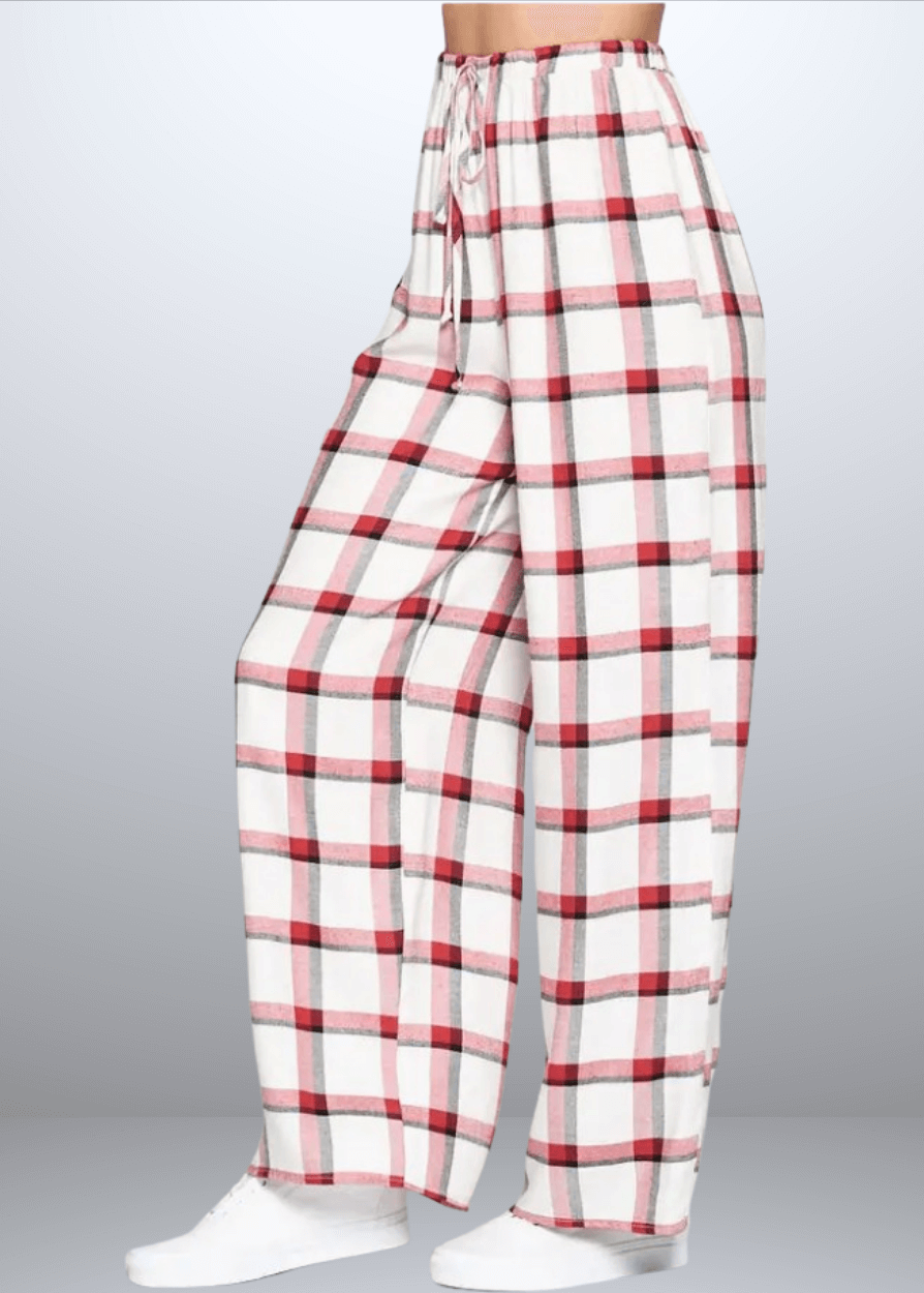 Made in USA Women's Rayon Plaid Lounge Pants, Relaxed Lounge Fit Plaid Pajama Pants, Material is Soft and Lightweight, High Rise, Red or Navy Plaid, Renee C N1313PT