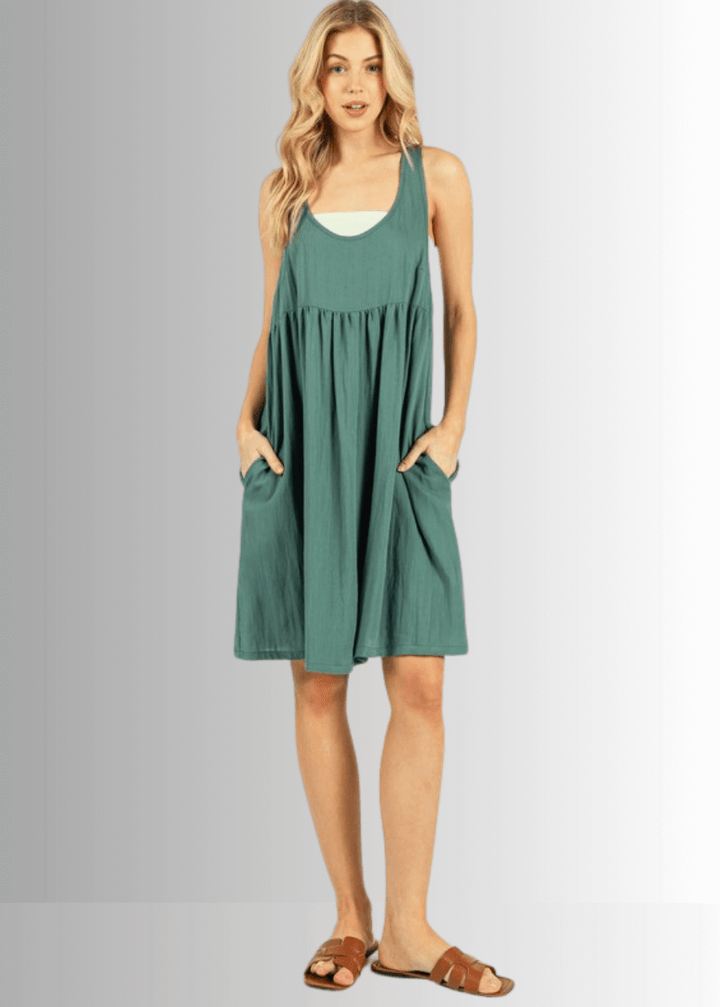 Made in USA Women's Pine Green Knee Length Racerback Tank Dress with Pockets, Relaxed Fit, Non-stretch Rayon Hatch, Style ND41047, Classy Cozy Cool Made in America Boutique