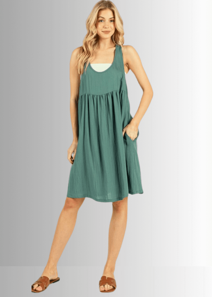 Made in USA Women's Pine Green Knee Length Racerback Tank Dress with Pockets, Relaxed Fit, Non-stretch Rayon Hatch, Style ND41047, Classy Cozy Cool Made in America Boutique
