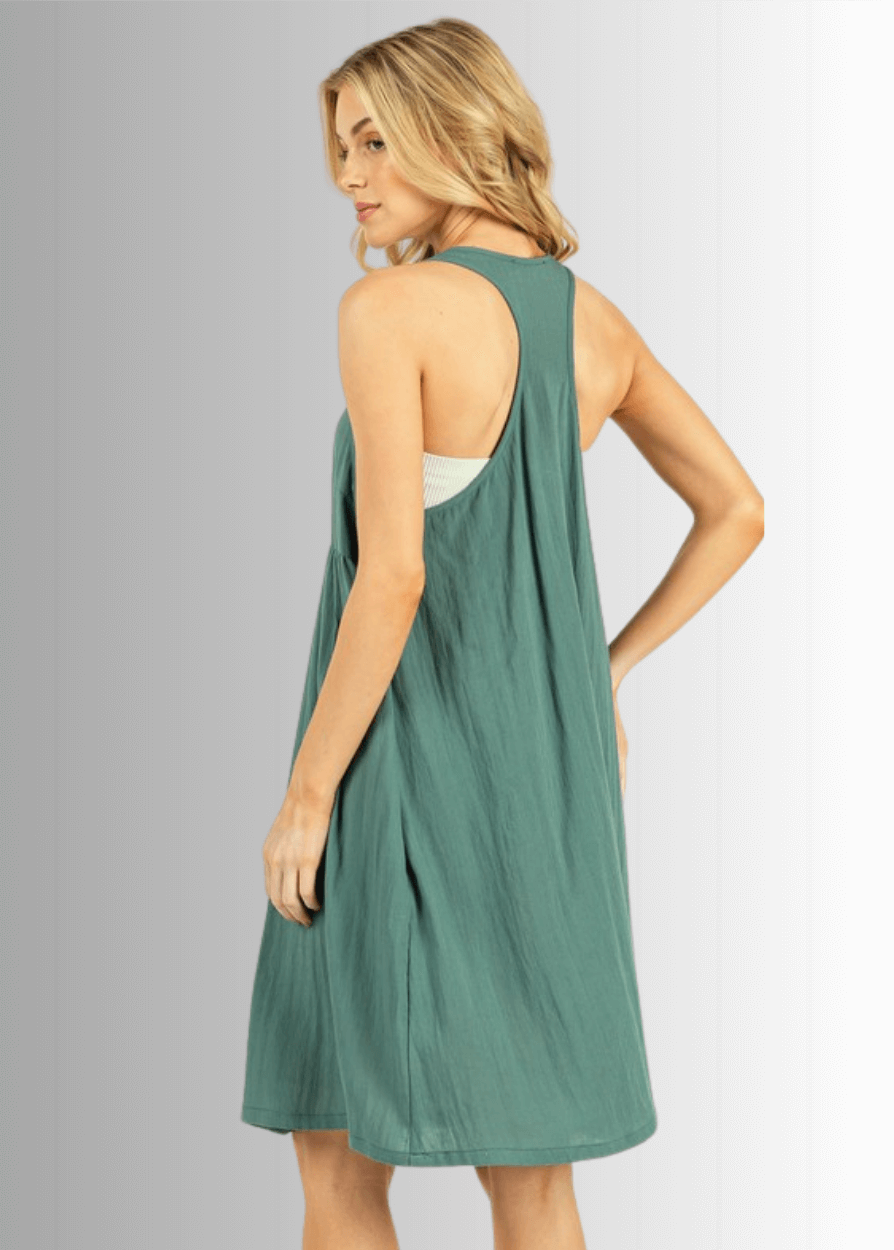 Made in USA Women's Pine Green Knee Length Racerback Tank Dress with Pockets, Relaxed Fit, Non-stretch Rayon Hatch, Style ND41047, Classy Cozy Cool Made in America Boutique