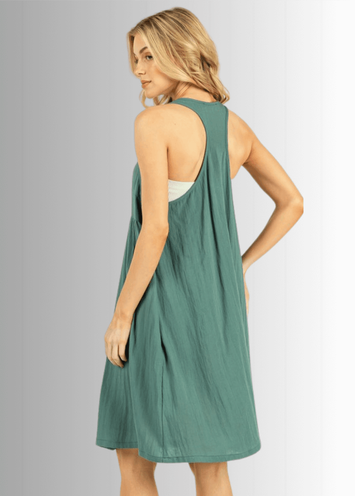 Made in USA Women's Pine Green Knee Length Racerback Tank Dress with Pockets, Relaxed Fit, Non-stretch Rayon Hatch, Style ND41047, Classy Cozy Cool Made in America Boutique