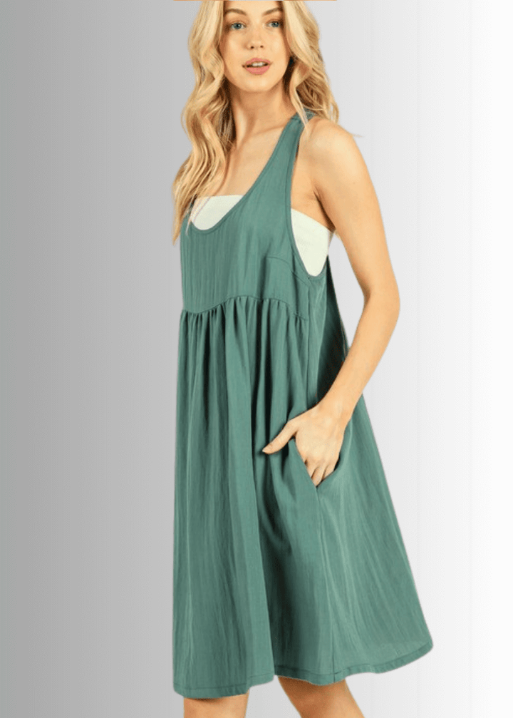 Made in USA Women's Pine Green Knee Length Racerback Tank Dress with Pockets, Relaxed Fit, Non-stretch Rayon Hatch, Style ND41047, Classy Cozy Cool Made in America Boutique