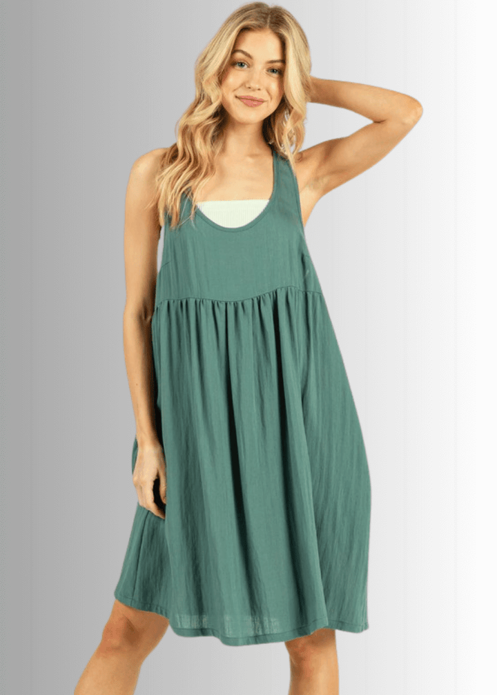 Made in USA Women's Pine Green Knee Length Racerback Tank Dress with Pockets, Relaxed Fit, Non-stretch Rayon Hatch, Style ND41047, Classy Cozy Cool Made in America Boutique