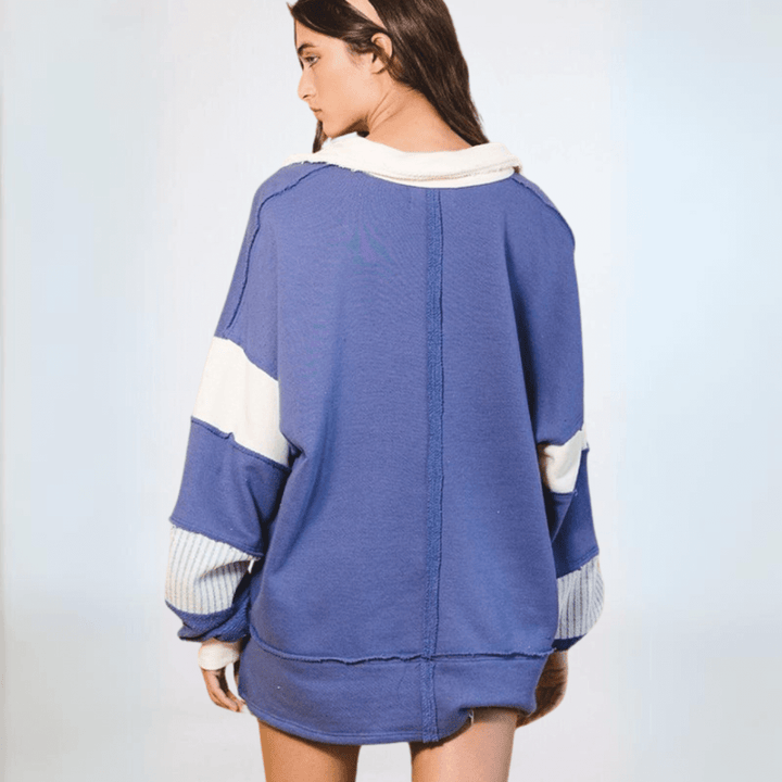 Brand: Bucket List Clothing Style# T2004 | Oversized Ladies French Terry 100% Cotton Color Block Sweatshirt with Collar in Navy/Cream | Made in USA