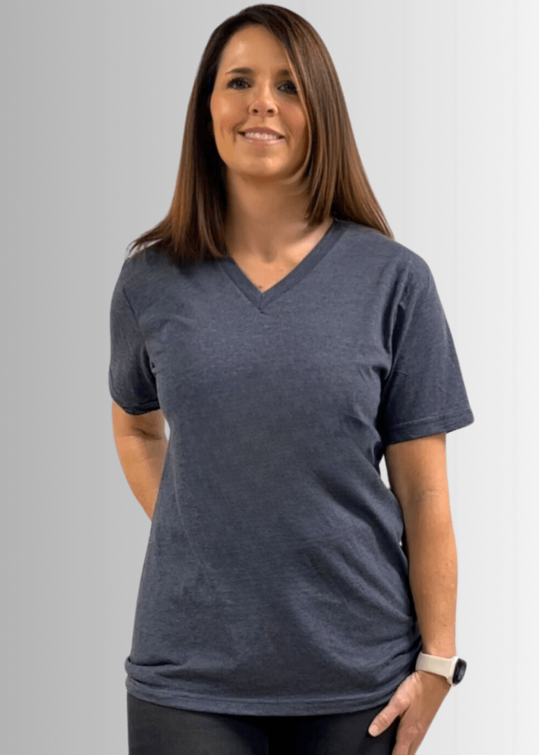 Made in USA Women's V-Neck Short Sleeves Longer Length, Vintage Soft Feel Tee Shirt Available in Indigo Blue and Cardinal Red 50% Cotton 50% Polyester