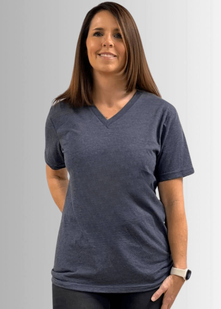 Made in USA Women's V-Neck Short Sleeves Longer Length, Vintage Soft Feel Tee Shirt Available in Indigo Blue and Cardinal Red 50% Cotton 50% Polyester