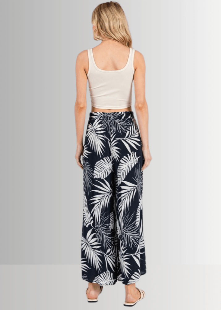 Made in USA Women's Rayon Gauze Navy Tropical Palm Wide Leg Cropped Pants with Pockets | Classy Cozy Cool Made in America Boutique