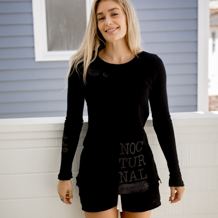 Sleepaholik Long Sleeve Ladies Black Crew Tee With Cool "Nocturnal" Graphics | Vintage Washed USA Made Cotton Fabric | Classy Cozy Cool American Boutique