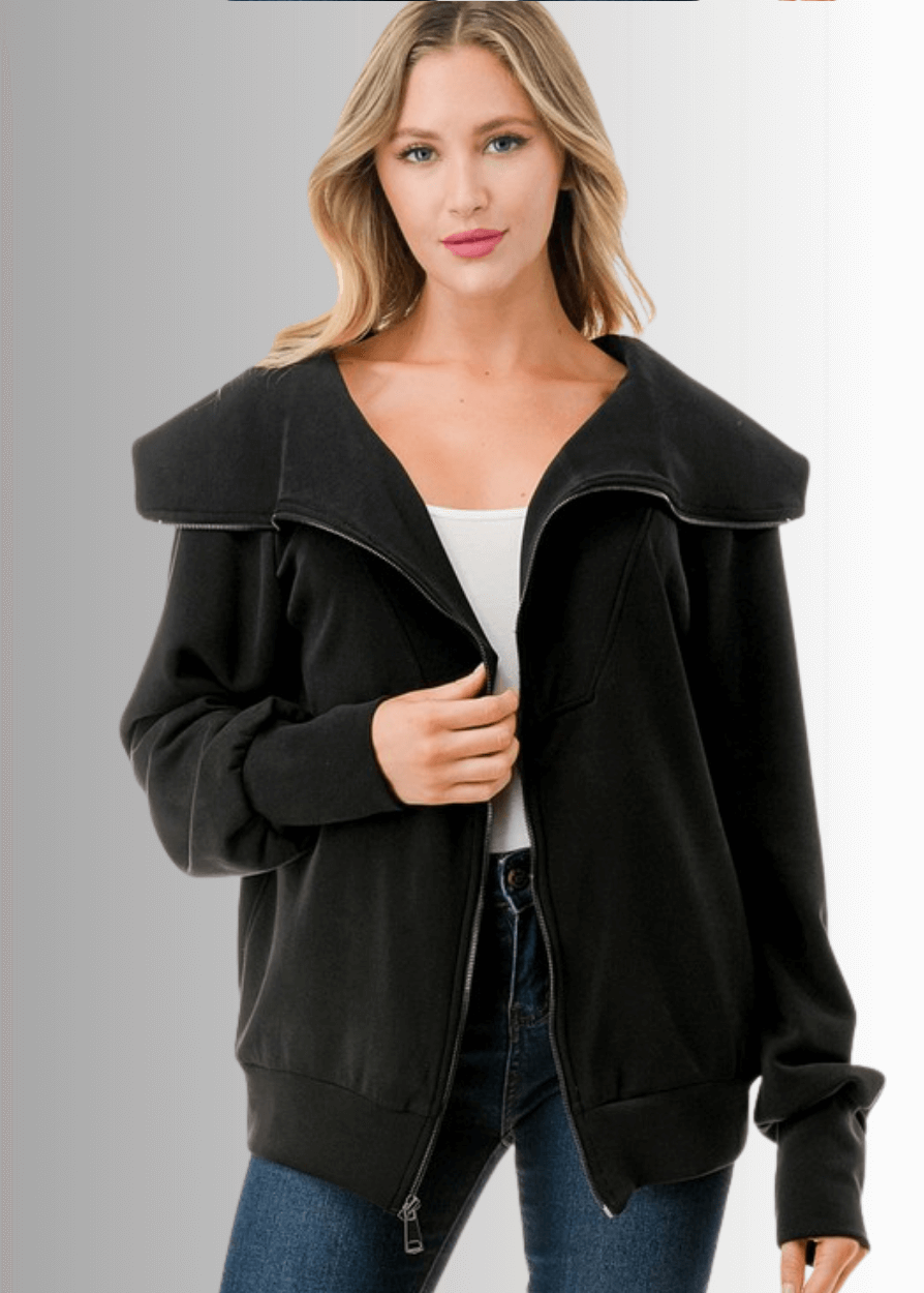 Made in USA Women's Super Soft Scuba Fabric Relaxed Fit Zip Front Jacket with Big Collar and Side Pockets, Material Compares to LuLulemon Scuba Line, Wrinkle, Available in Black and Ivory