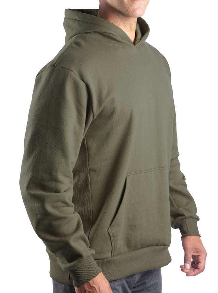 WSI Sportswear Men's Mid-Weight Fleece Hoodie with Patriotic Distressed American Flag Graphic Made in USA in Moss Green,  Loose Fit, Super comfortable and durable 14 ounce heavy-weight fleece, Built in hood and kangaroo pocket, Ribbed cuffs