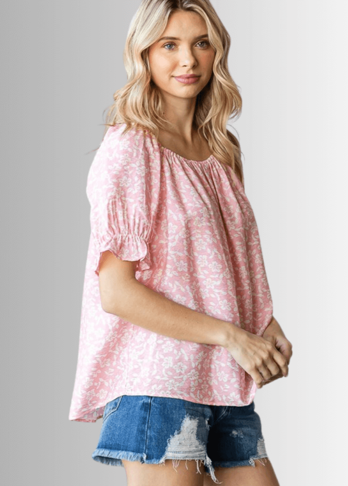 USA Made Women's Pink Off the Shoulder Floral Top with Elastic Neckline & Ruffled Cuffs  | Classy Cozy Cool Women's Made in America Clothing Boutique