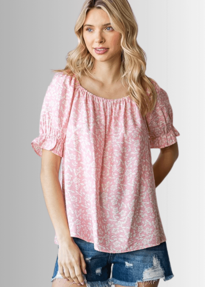 USA Made Women's Pink Off the Shoulder Floral Top with Elastic Neckline & Ruffled Cuffs  | Classy Cozy Cool Women's Made in America Clothing Boutique