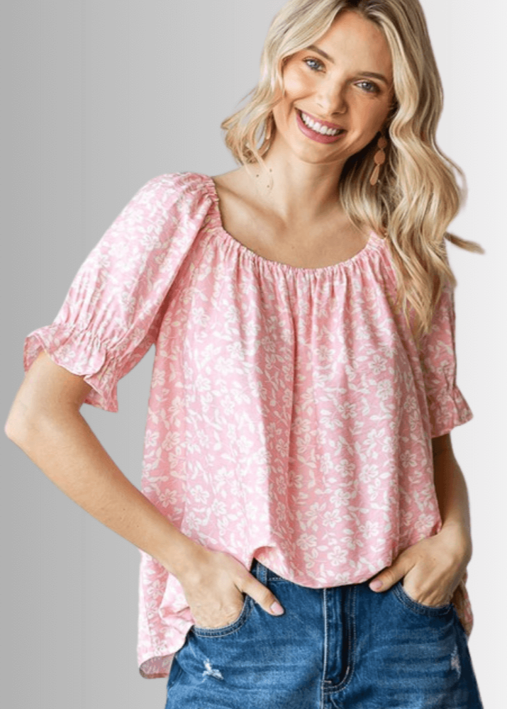USA Made Women's Pink Off the Shoulder Floral Top with Elastic Neckline & Ruffled Cuffs  | Classy Cozy Cool Women's Made in America Clothing Boutique