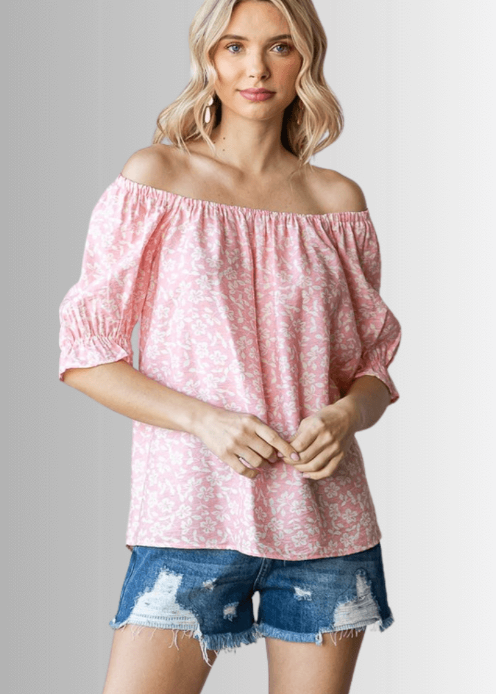 USA Made Women's Pink Off the Shoulder Floral Top with Elastic Neckline & Ruffled Cuffs  | Classy Cozy Cool Women's Made in America Clothing Boutique