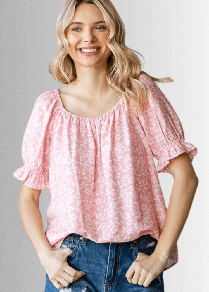 USA Made Women's Pink Off the Shoulder Floral Top with Elastic Neckline & Ruffled Cuffs  | Classy Cozy Cool Women's Made in America Clothing Boutique