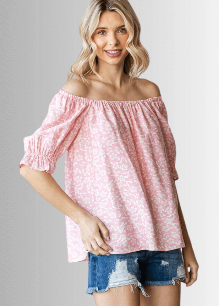 USA Made Women's Pink Off the Shoulder Floral Top with Elastic Neckline & Ruffled Cuffs  | Classy Cozy Cool Women's Made in America Clothing Boutique