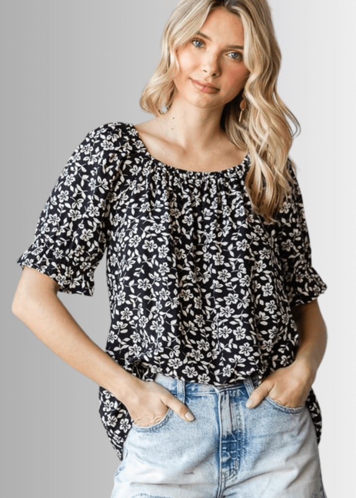 USA Made Women's Black and White Off the Shoulder Floral Top with Elastic Neckline & Ruffled Cuffs  | Classy Cozy Cool Women's Made in America Clothing Boutique