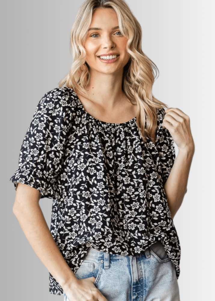 USA Made Women's Black and White Off the Shoulder Floral Top with Elastic Neckline & Ruffled Cuffs  | Classy Cozy Cool Women's Made in America Clothing Boutique