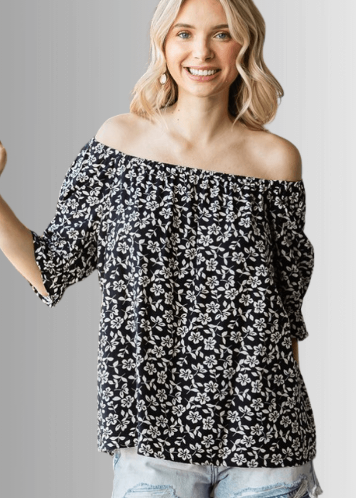 USA Made Women's Black and White Off the Shoulder Floral Top with Elastic Neckline & Ruffled Cuffs  | Classy Cozy Cool Women's Made in America Clothing Boutique