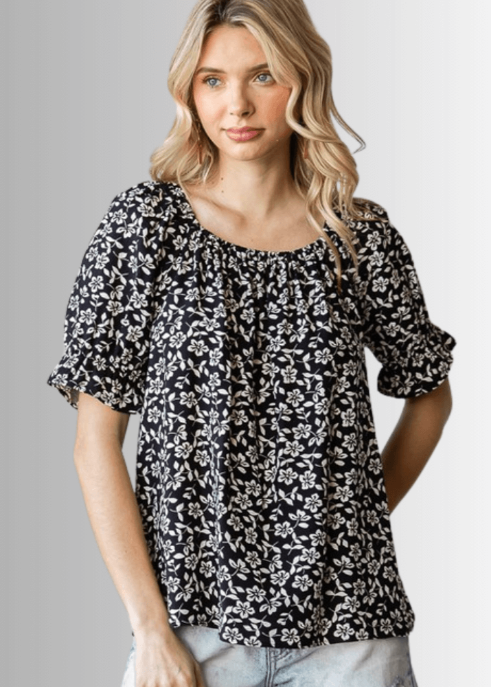 USA Made Women's Black and White Off the Shoulder Floral Top with Elastic Neckline & Ruffled Cuffs  | Classy Cozy Cool Women's Made in America Clothing Boutique