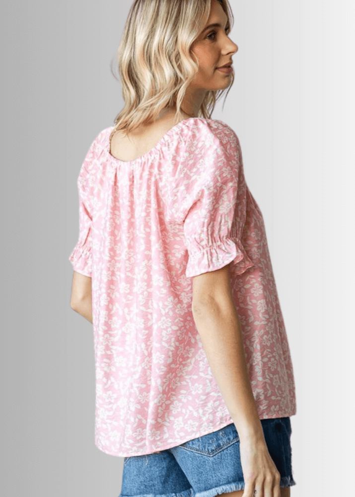 USA Made Women's Pink Off the Shoulder Floral Top with Elastic Neckline & Ruffled Cuffs  | Classy Cozy Cool Women's Made in America Clothing Boutique