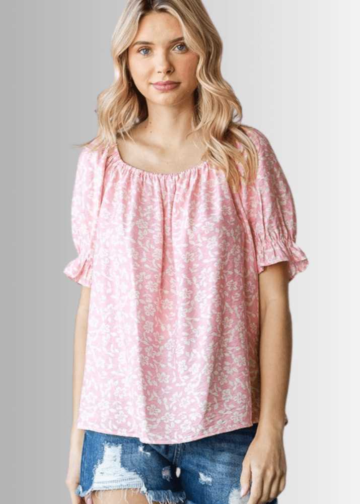 USA Made Women's Pink Off the Shoulder Floral Top with Elastic Neckline & Ruffled Cuffs  | Classy Cozy Cool Women's Made in America Clothing Boutique