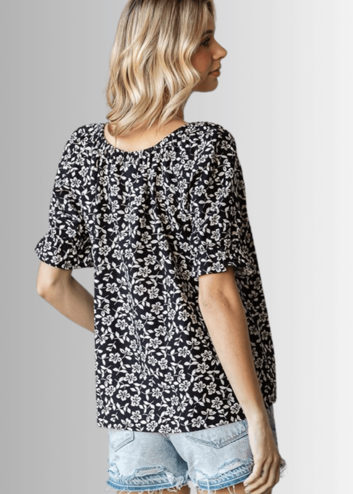 USA Made Women's Black and White Off the Shoulder Floral Top with Elastic Neckline & Ruffled Cuffs  | Classy Cozy Cool Women's Made in America Clothing Boutique