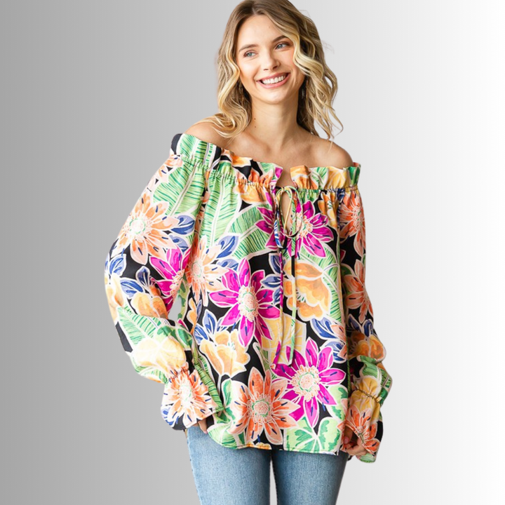 USA Made Ladies Off the Shoulder Colorful Floral Top with Ruffled Neckline & Tie Front  | Classy Cozy Cool Women's Made in America Clothing Boutique