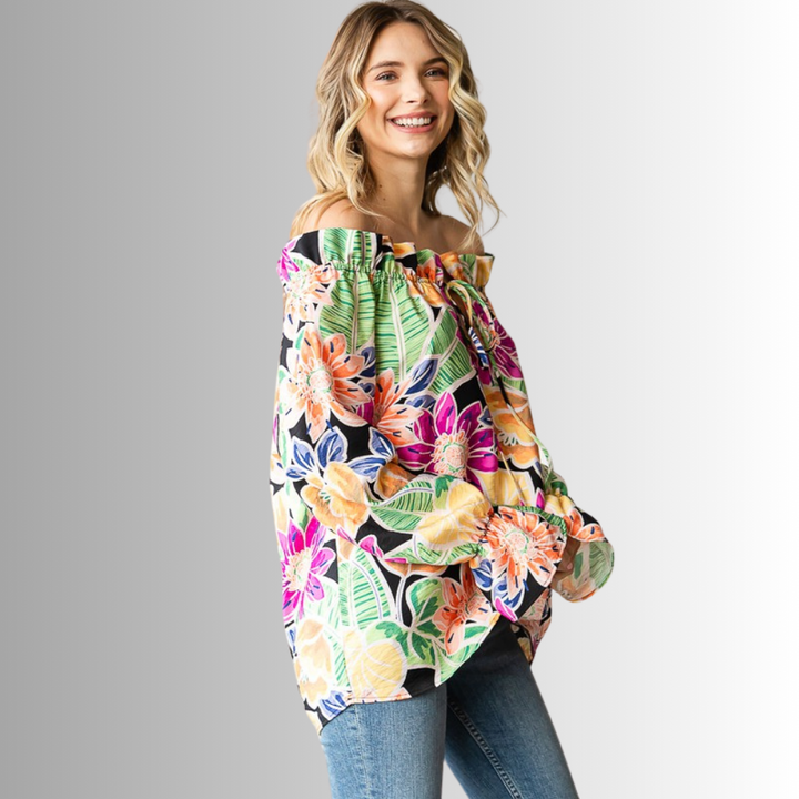 USA Made Ladies Off the Shoulder Colorful Floral Top with Ruffled Neckline & Tie Front  | Classy Cozy Cool Women's Made in America Clothing Boutique