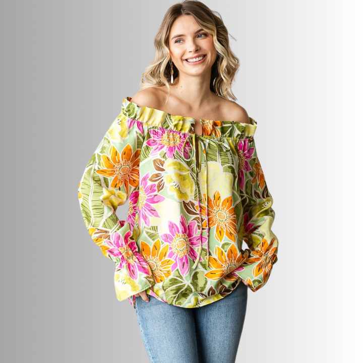 USA Made Ladies Off the Shoulder Colorful Floral Top with Ruffled Neckline & Tie Front  | Classy Cozy Cool Women's Made in America Clothing Boutique