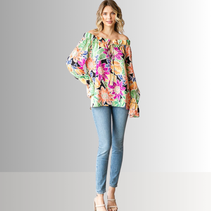 USA Made Ladies Off the Shoulder Colorful Floral Top with Ruffled Neckline & Tie Front  | Classy Cozy Cool Women's Made in America Clothing Boutique
