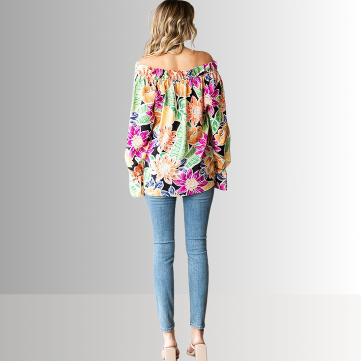 USA Made Ladies Off the Shoulder Colorful Floral Top with Ruffled Neckline & Tie Front  | Classy Cozy Cool Women's Made in America Clothing Boutique