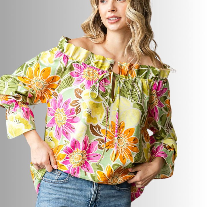 USA Made Ladies Off the Shoulder Colorful Floral Top with Ruffled Neckline & Tie Front  | Classy Cozy Cool Women's Made in America Clothing Boutique