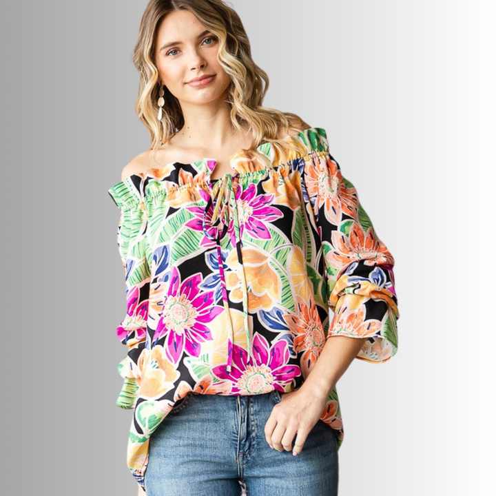 USA Made Ladies Off the Shoulder Colorful Floral Top with Ruffled Neckline & Tie Front  | Classy Cozy Cool Women's Made in America Clothing Boutique